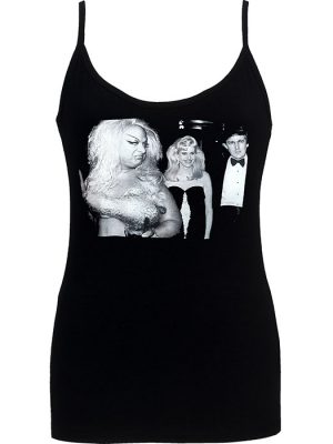 Black Divine Trump Women’s Strappy Top featuring Divine glaring at Trump and a blonde woman in a monochrome print