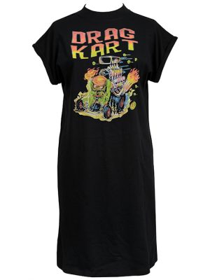 Black women's t-shirt dress with flaming hot rod monster graphic and the words "Drag Kart" in bold red and yellow.