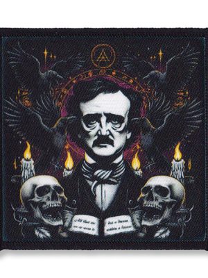 Edgar Allan Poe patch featuring ravens, skulls, candles, and gothic symbolism.