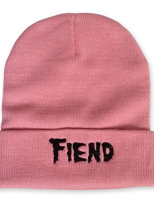 Dusty pink beanie with black embroidered “FIEND” text on front cuff, punk style.