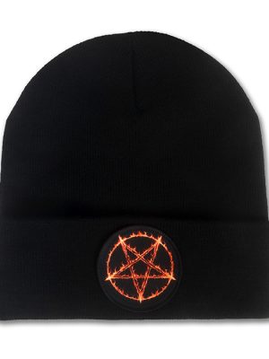 Black knitted beanie hat with folded cuff featuring a circular black patch with an orange pentagram design.