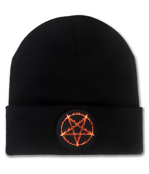 Black knitted beanie hat with folded cuff featuring a circular black patch with an orange pentagram design.