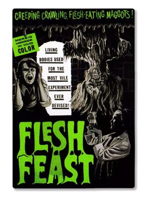 Black and green Flesh Feast horror vinyl sticker featuring vintage B-movie horror artwork with grotesque creatures and dripping text.