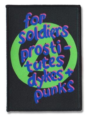 Black printed punk sew-on patch with bright green circular graphic and vivid pink and blue handwritten-style lettering.