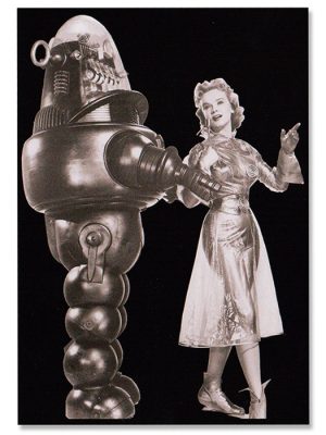 Forbidden Planet Robby Robot sticker with black and white retro sci-fi artwork showing a classic robot figure beside a woman in a metallic dress.