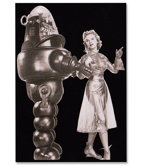 Forbidden Planet Robby Robot sticker with black and white retro sci-fi artwork showing a classic robot figure beside a woman in a metallic dress.
