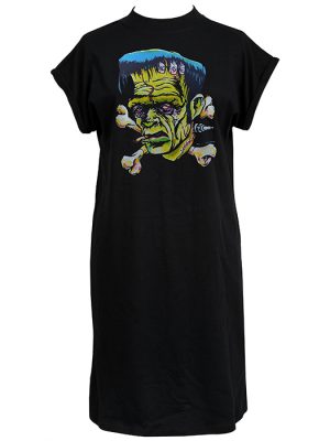 Black women’s t-shirt dress with cartoon-style Frankenstein’s monster head and crossbones in neon lowbrow colours.