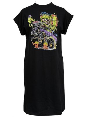 Black women’s t-shirt dress with lowbrow cartoon Frankenstein driving a flaming purple hotrod hearse, surrounded by fire and monster details.