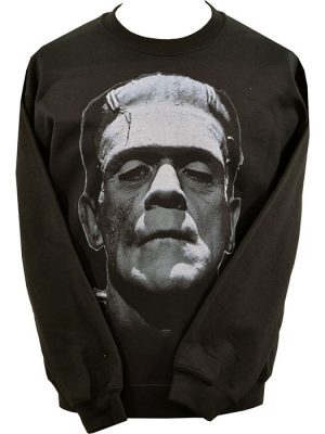 Black sweatshirt featuring large black and white portrait of Frankenstein’s Monster inspired by Boris Karloff’s classic horror performance.