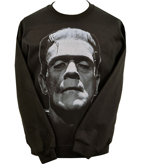 Black sweatshirt featuring large black and white portrait of Frankenstein’s Monster inspired by Boris Karloff’s classic horror performance.