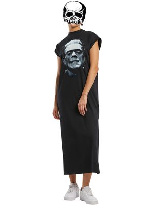 Black long T-shirt maxi dress with cap sleeves and a large black-and-white Frankenstein’s Monster portrait printed across the chest.