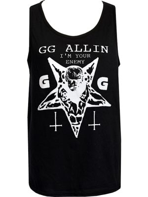 Black GG Allin “I’m Your Enemy” men’s punk tank top with white pentagram and inverted crosses graphic.