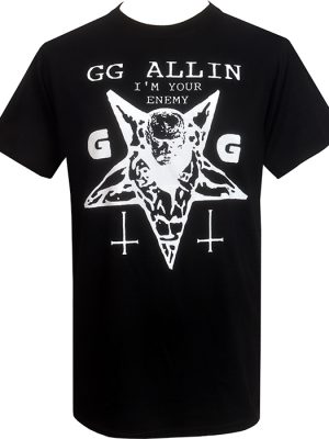 Black GG Allin “I’m Your Enemy” men’s punk T-shirt with white pentagram, face graphic, and inverted crosses.