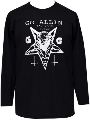 Black GG Allin I’m Your Enemy men’s long sleeve punk T-shirt with white pentagram and inverted crosses graphic.