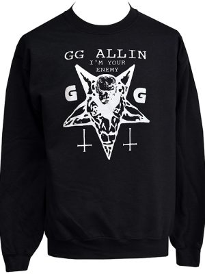 Black GG Allin I’m Your Enemy punk sweatshirt with white pentagram, inverted crosses, and bold face print.