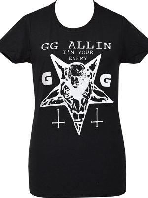 Black GG Allin I’m Your Enemy women’s punk T-shirt with white pentagram and inverted crosses graphic.