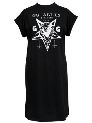 Women’s GG Allin I’m Your Enemy black punk T-shirt dress with white pentagram and inverted cross design.