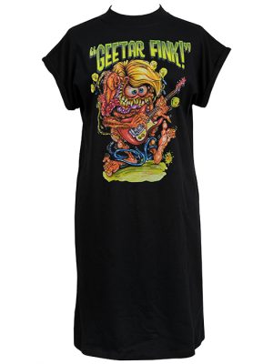 Black women’s t-shirt dress featuring a grotesque lowbrow cartoon monster playing a guitar, with bold yellow text that reads “Geetar Fink!”