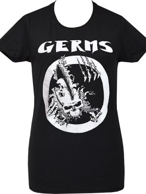 Black Germs women’s punk T-shirt with white skull and circle design.