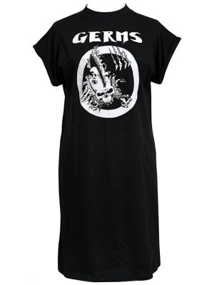 Black Germs women’s oversized punk T-shirt dress with skull and circle logo print.