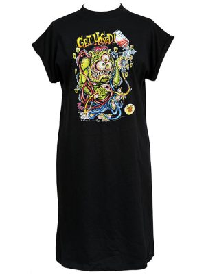 Black women’s t-shirt dress featuring wild cartoon of a green mutant tangled in hoses with paint and a jug labelled “Get Hosed!”