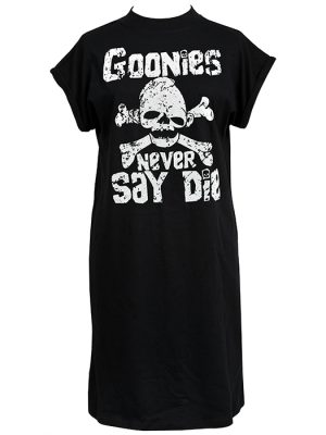Black women’s t-shirt dress with bold white text reading “Goonies Never Say Die” and a cracked skull-and-crossbones print.