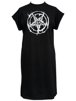 Black women’s t-shirt dress featuring a distressed white pentagram with goat skull at the centre in a grunge occult style.