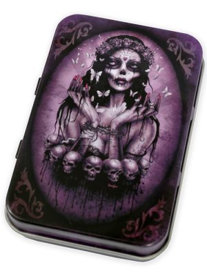 Purple gothic metal tin with butterfly girl skull artwork, floral crown and skull detail in dark fantasy style.