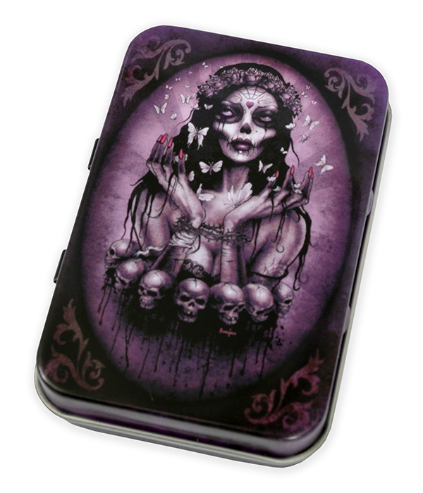 Purple gothic metal tin with butterfly girl skull artwork, floral crown and skull detail in dark fantasy style.