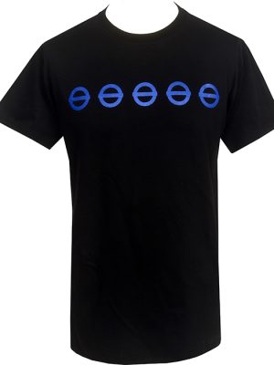 Black men's T-shirt featuring five repeated blue graffiti-style circular symbols printed across the chest.