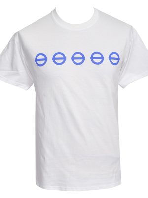 White men's T-shirt featuring five repeated blue graffiti-style circular symbols across the chest.