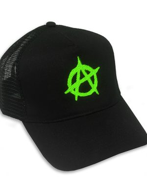 Black mesh punk cap with bright green embroidered anarchy symbol on the front.