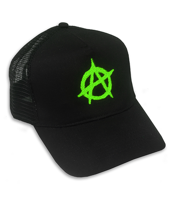Black mesh punk cap with bright green embroidered anarchy symbol on the front.
