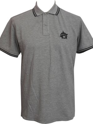 Grey polo shirt with black embroidered anarchy symbol on chest, featuring black stripe collar and sleeve trim.