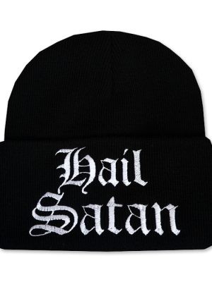 Black knitted gothic beanie hat with wide folded cuff featuring large white embroidered Hail Satan lettering in an ornate Gothic-style font.