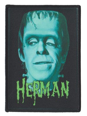 Herman Munster printed horror sew-on patch with blue-green portrait, dripping green Herman lettering and black stitched border.