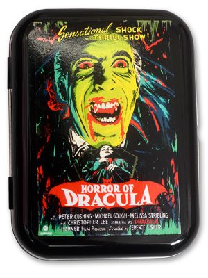Black tin with Hammer Horror poster artwork featuring Dracula and the text Horror of Dracula.