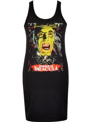 Black women’s tank dress with bold Horror of Dracula graphic in red, yellow, and green tones. Sleeveless gothic style with vintage horror art.