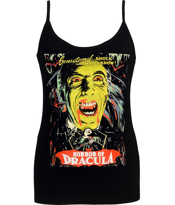 Black women’s gothic strappy top with Horror of Dracula vampire poster artwork in bright red, yellow, and green