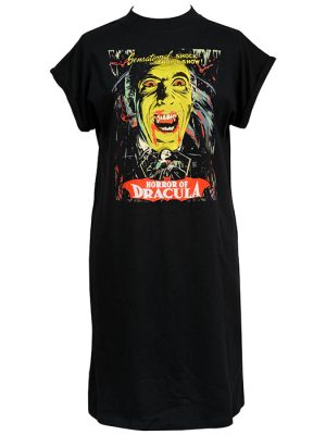Black women’s t-shirt dress featuring vintage Horror of Dracula vampire art with blood-dripping fangs and gothic vibes, printed by Poison Clothing.