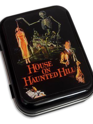 Black tin featuring vintage horror poster artwork with skeleton, haunted house, and House on Haunted Hill title.