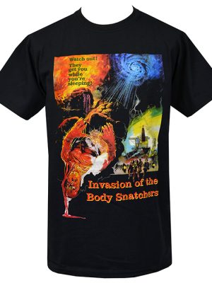 Black men’s t-shirt featuring Invasion of the Body Snatchers artwork with colourful sci-fi horror imagery and warning text.