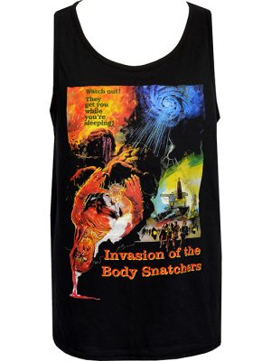 Black men’s tank top featuring Invasion of the Body Snatchers artwork with colourful sci-fi horror imagery and warning text.