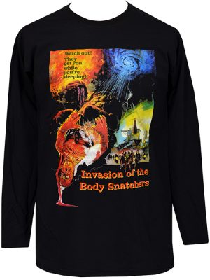 Black men’s long sleeve t-shirt featuring Invasion of the Body Snatchers artwork with colourful sci-fi horror imagery and warning text.