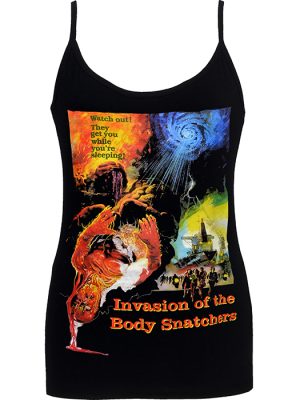 Black women’s spaghetti strap top featuring Invasion of the Body Snatchers artwork with colourful sci-fi horror imagery and warning text.