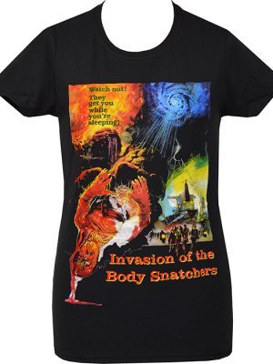 Black women’s t-shirt featuring Invasion of the Body Snatchers artwork with colourful sci-fi horror imagery and warning text.