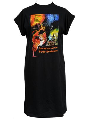 Black women’s t-shirt dress featuring Invasion of the Body Snatchers artwork with colourful sci-fi horror imagery and warning text.