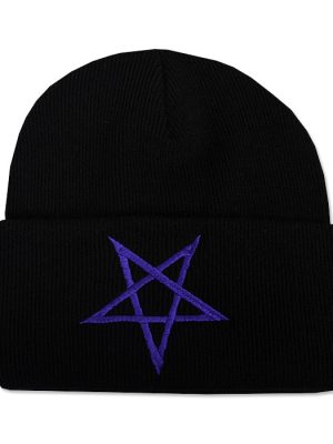Black knitted gothic beanie hat with wide folded cuff featuring a purple embroidered inverted five-pointed pentagram centred on the front.