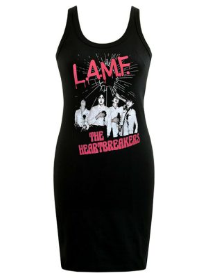 Black sleeveless punk mini dress with scoop neckline, featuring pink L.A.M.F. lettering, a black and white photograph of Johnny Thunders and The Heartbreakers, and shattered glass graphics.