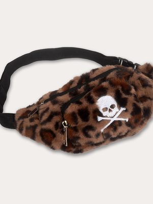 Brown and black furry leopard print bum bag with white embroidered skull and crossbones, black zips and adjustable strap.